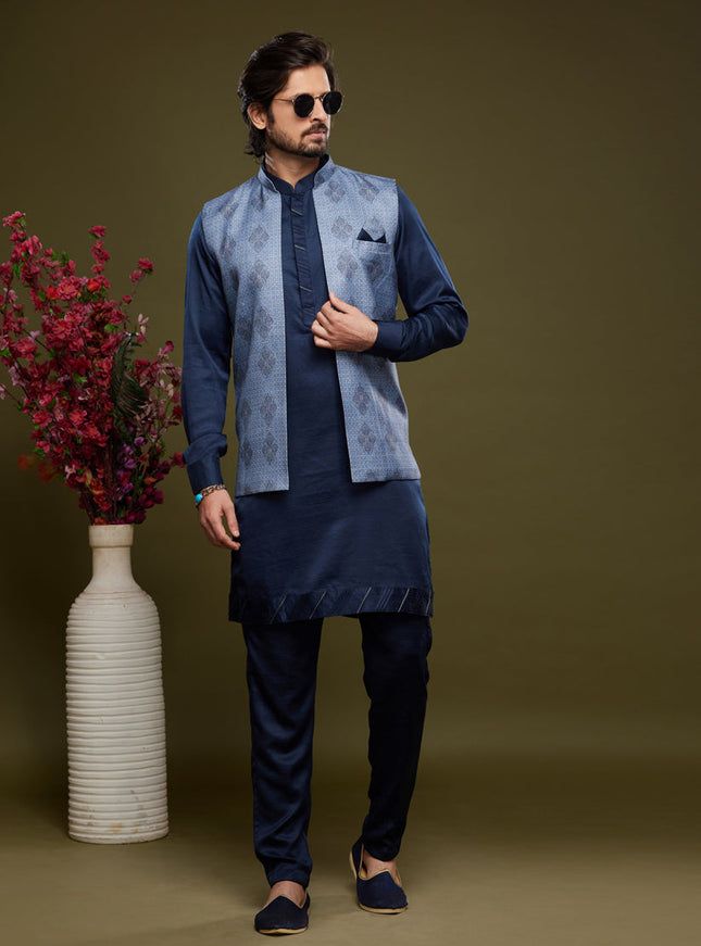 Navy Blue Art Silk Mens Kurta Pajama With Jacket