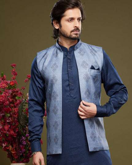 Navy Blue Art Silk Mens Kurta Pajama With Jacket