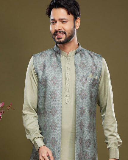 Pista Green Art Silk Mens Kurta Pajama With Jacket