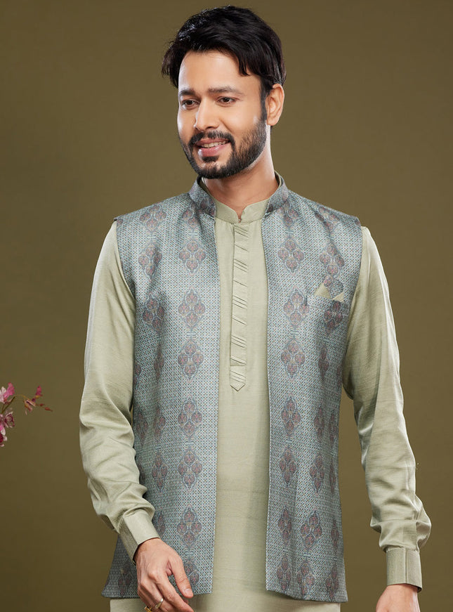Pista Green Art Silk Mens Kurta Pajama With Jacket