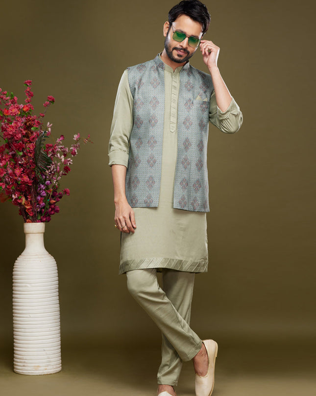 Pista Green Art Silk Mens Kurta Pajama With Jacket