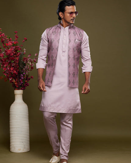 Lavender Art Silk Mens Kurta Pajama With Jacket