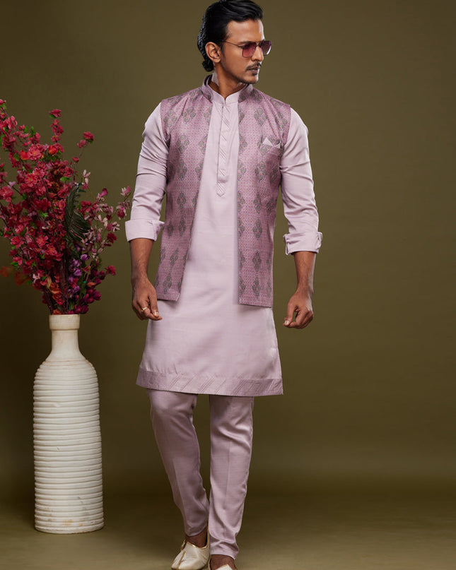 Lavender Art Silk Mens Kurta Pajama With Jacket