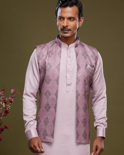 Lavender Art Silk Mens Kurta Pajama With Jacket