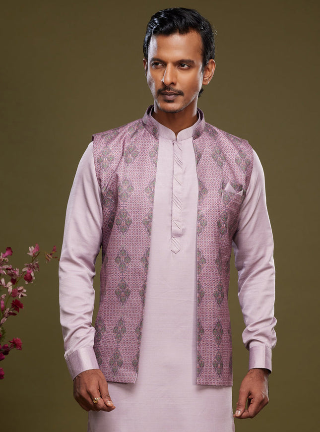 Lavender Art Silk Mens Kurta Pajama With Jacket