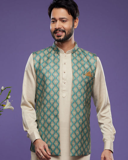 Beige Art Silk Mens Kurta Pajama With Jacket