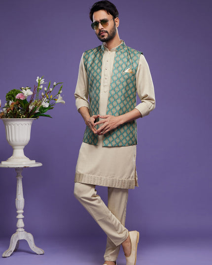 Beige Art Silk Mens Kurta Pajama With Jacket