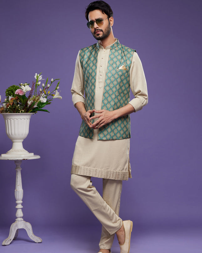 Beige Art Silk Mens Kurta Pajama With Jacket