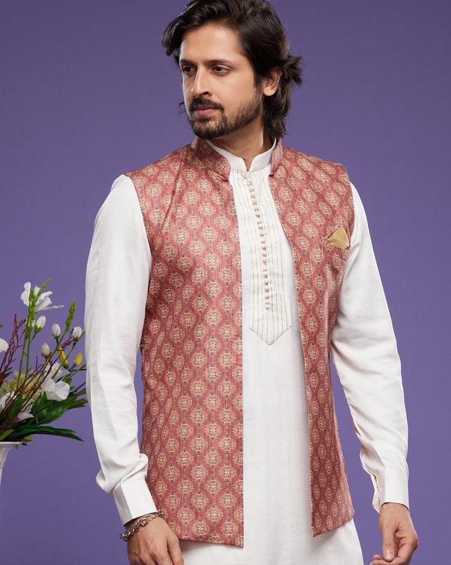 White Art Silk Mens Kurta Pajama With Jacket