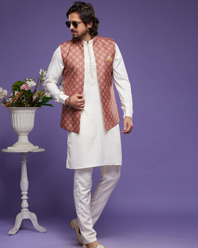 White Art Silk Mens Kurta Pajama With Jacket