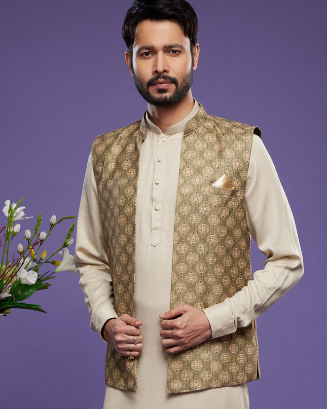 Beige Art Silk Mens Kurta Pajama With Jacket