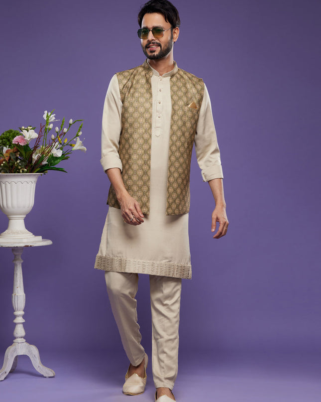 Beige Art Silk Mens Kurta Pajama With Jacket