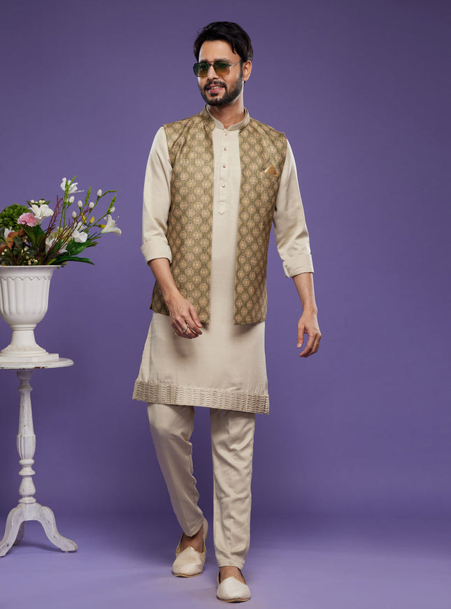 Beige Art Silk Mens Kurta Pajama With Jacket