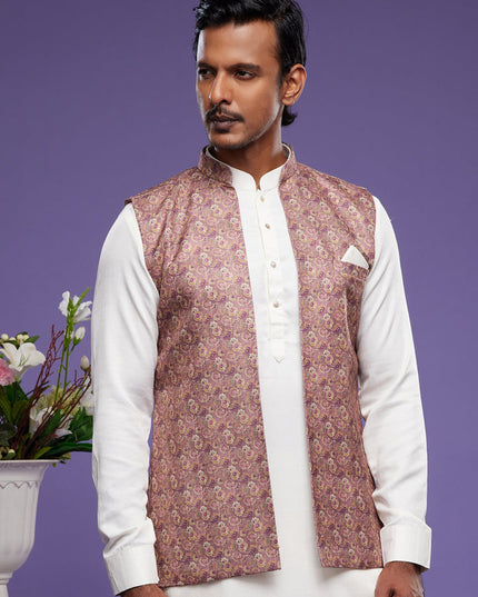 White Art Silk Mens Kurta Pajama With Jacket