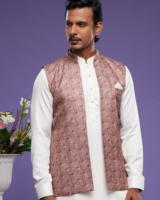White Art Silk Mens Kurta Pajama With Jacket
