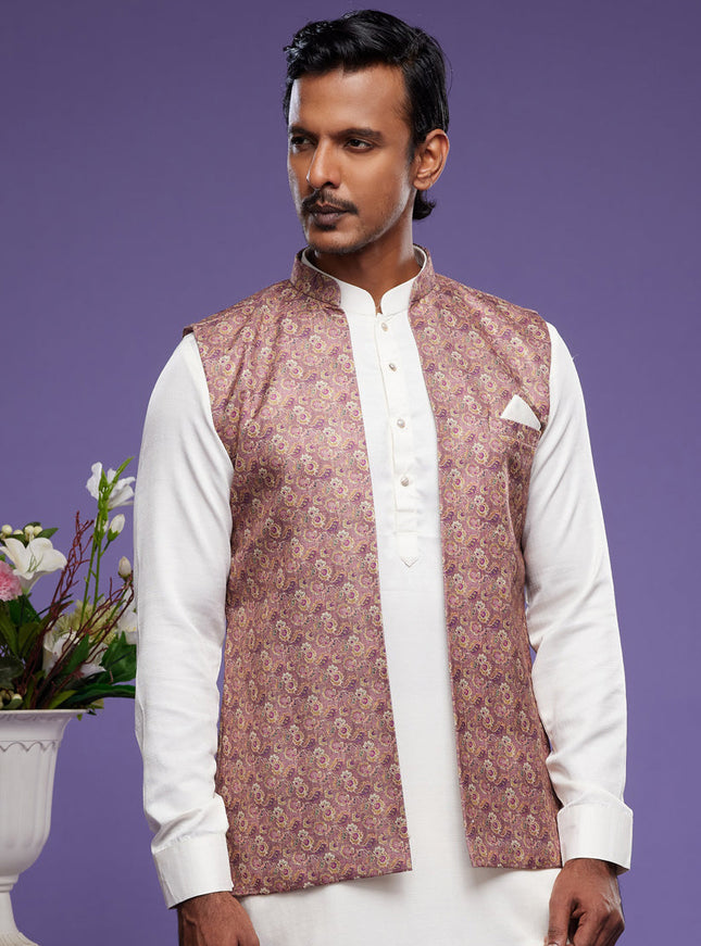 White Art Silk Mens Kurta Pajama With Jacket