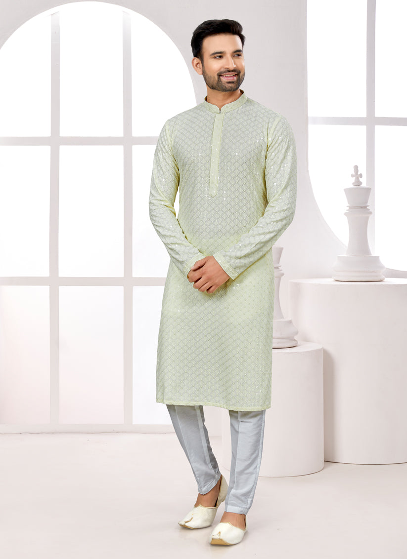 Cream Lukhnowi Kurta Pyjama Set