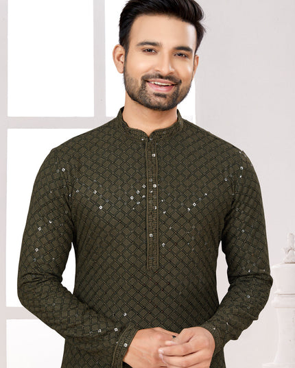 Bottle Green Lukhnowi Kurta Pyjama Set