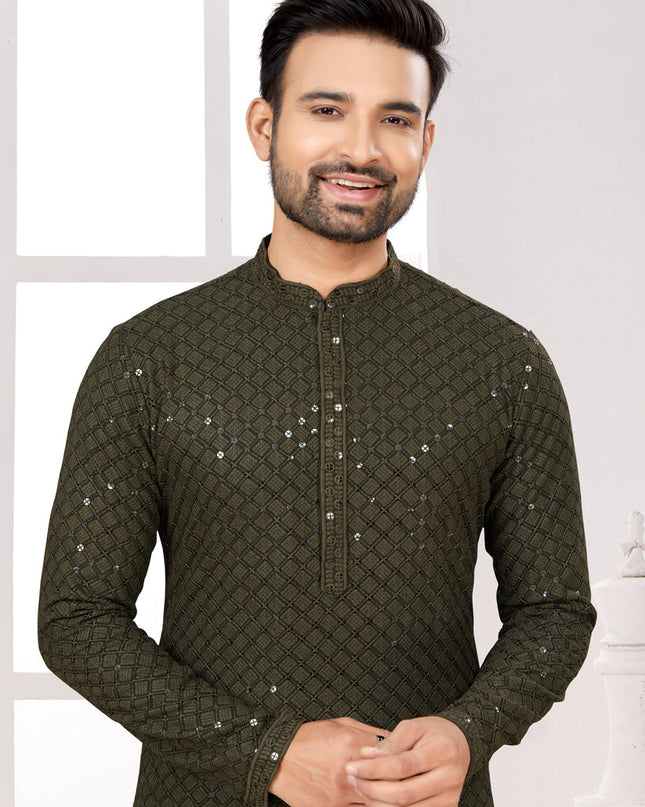 Bottle Green Lukhnowi Kurta Pyjama Set