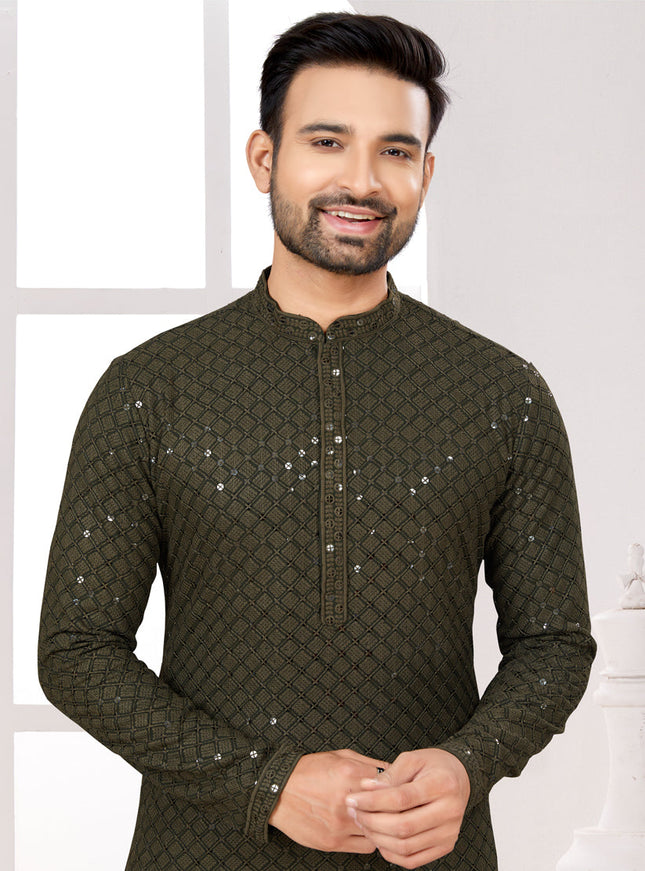 Bottle Green Lukhnowi Kurta Pyjama Set