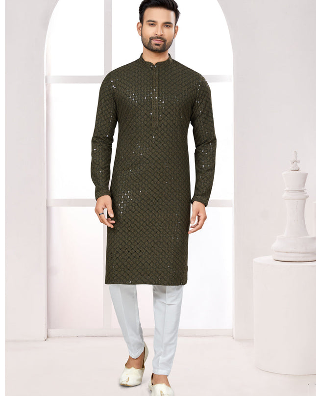 Bottle Green Lukhnowi Kurta Pyjama Set