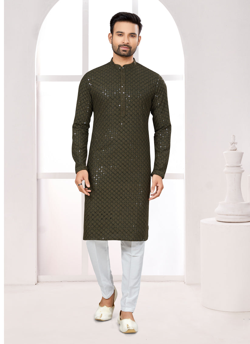Bottle Green Lukhnowi Kurta Pyjama Set