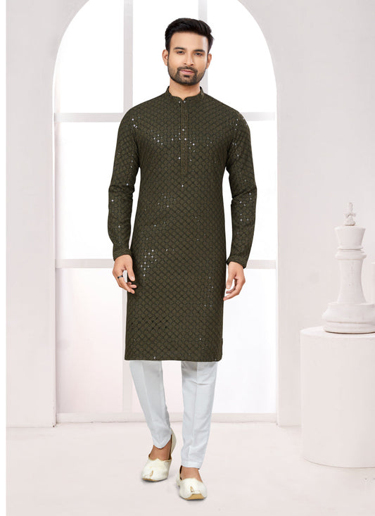Bottle Green Lukhnowi Kurta Pyjama Set