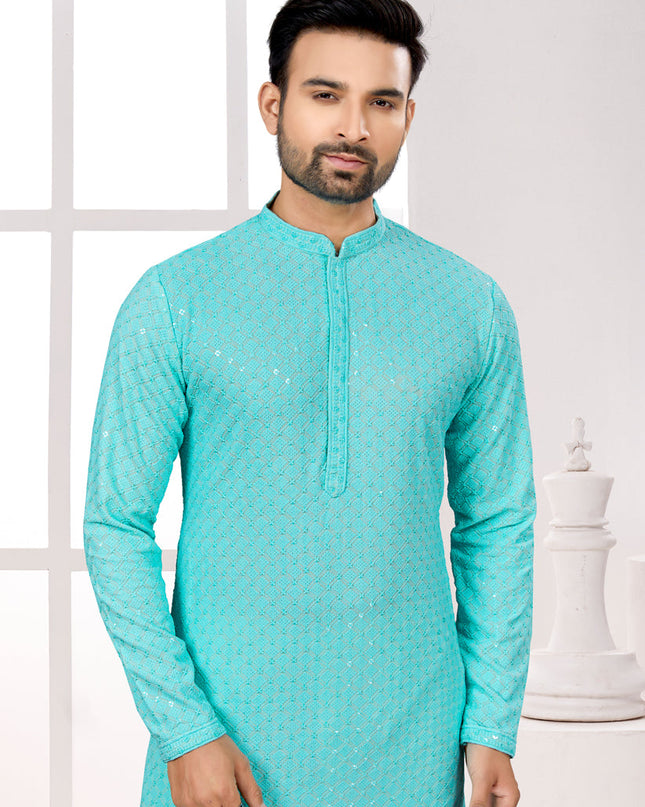 Sky Blue Lukhnowi Kurta Pyjama Set