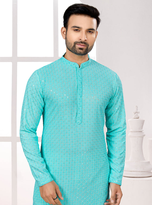 Sky Blue Lukhnowi Kurta Pyjama Set