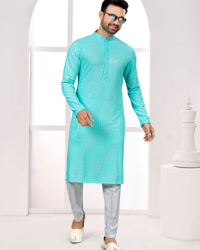 Sky Blue Lukhnowi Kurta Pyjama Set
