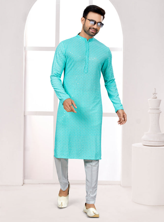 Sky Blue Lukhnowi Kurta Pyjama Set
