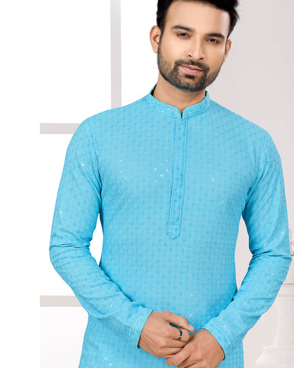 Sky Blue Lukhnowi Kurta Pyjama Set