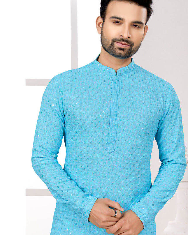 Sky Blue Lukhnowi Kurta Pyjama Set