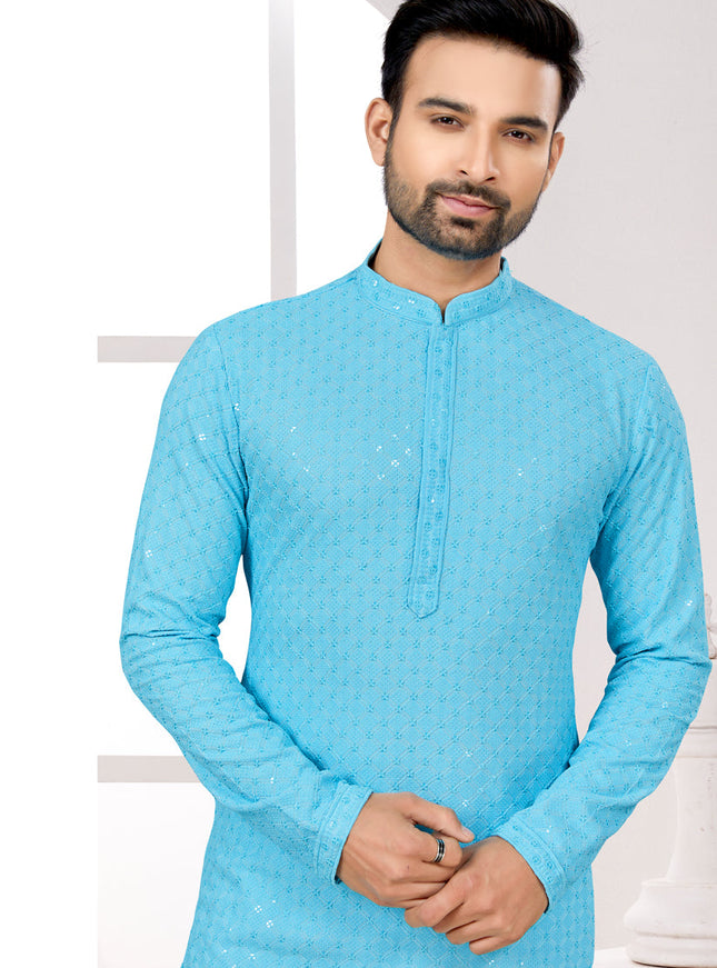 Sky Blue Lukhnowi Kurta Pyjama Set