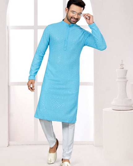 Sky Blue Lukhnowi Kurta Pyjama Set
