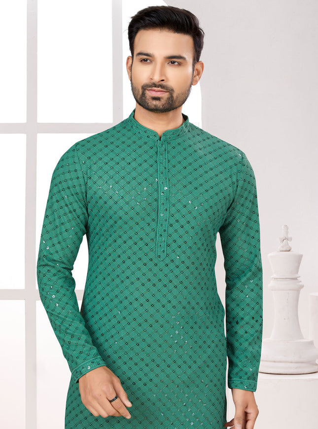 Rama Green Lukhnowi Kurta Pyjama Set