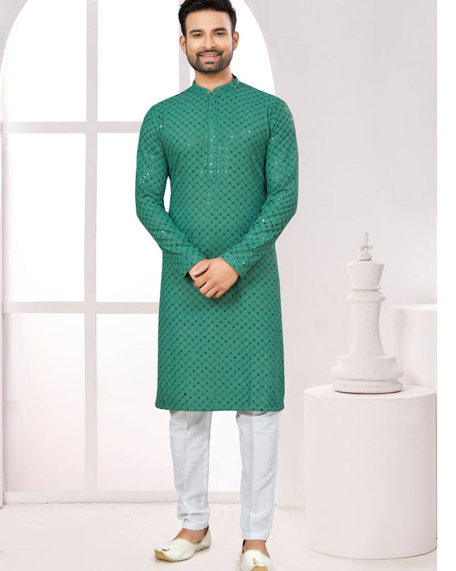 Rama Green Lukhnowi Kurta Pyjama Set