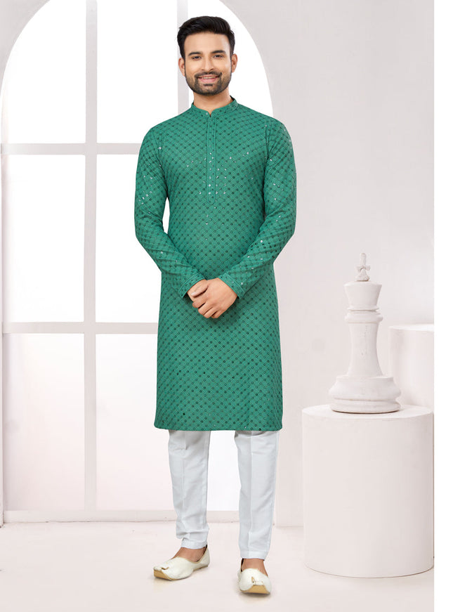 Rama Green Lukhnowi Kurta Pyjama Set