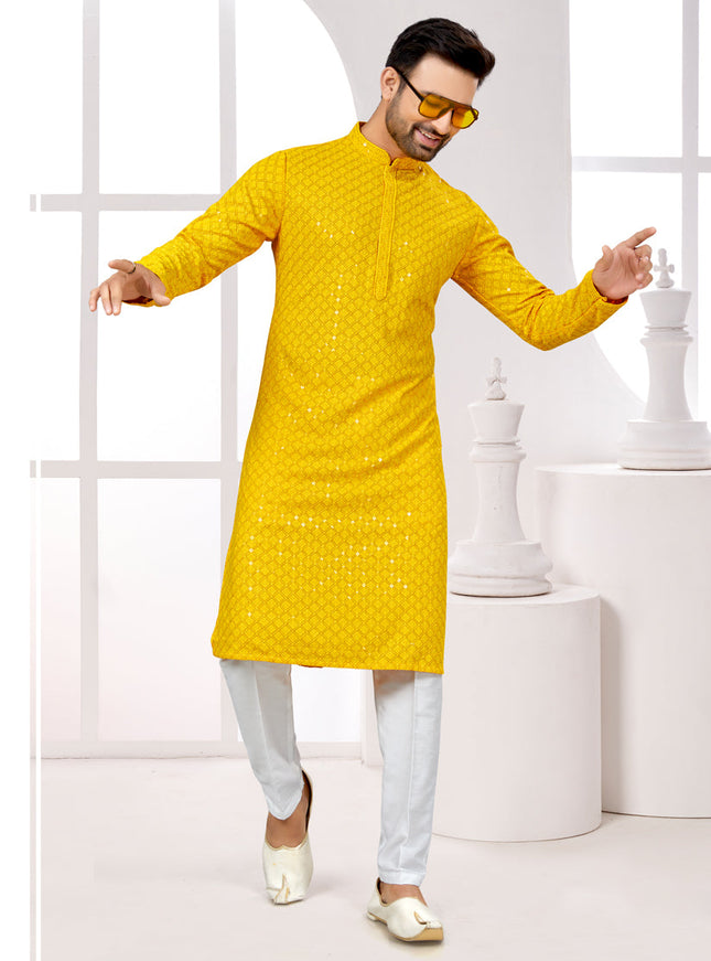Golden Yellow Lukhnowi Kurta Pyjama Set