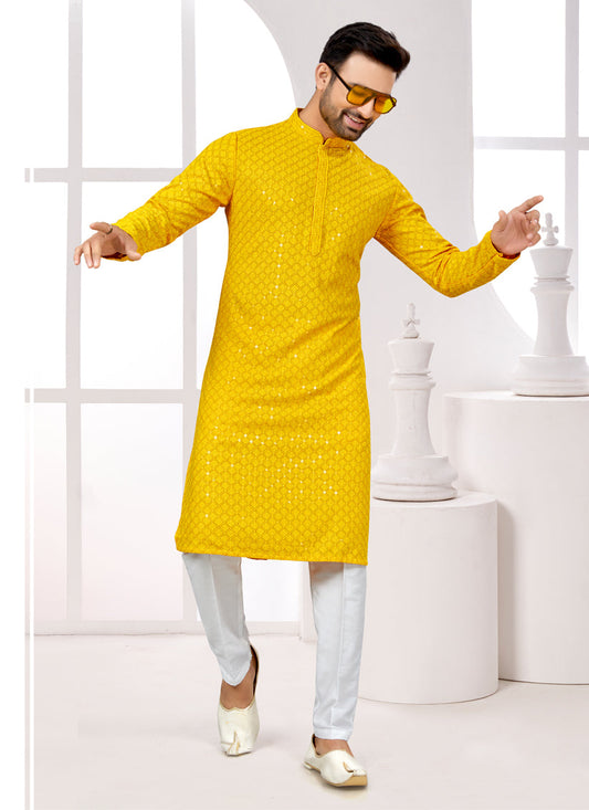 Golden Yellow Lukhnowi Kurta Pyjama Set