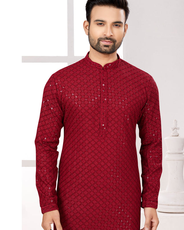 Maroon Lukhnowi Kurta Pyjama Set