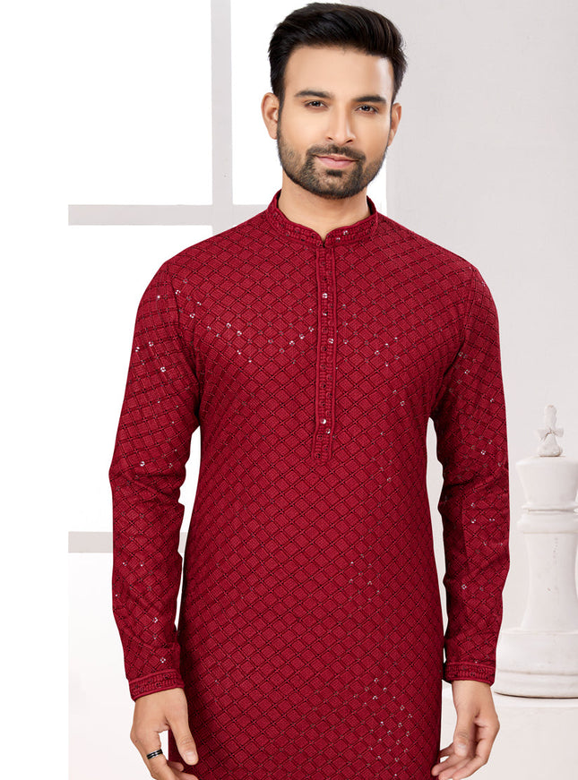 Maroon Lukhnowi Kurta Pyjama Set