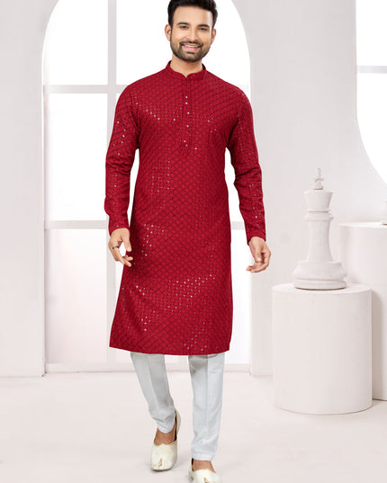 Maroon Lukhnowi Kurta Pyjama Set
