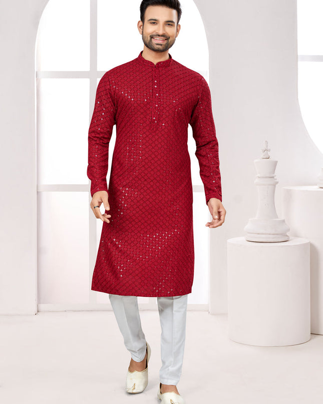 Maroon Lukhnowi Kurta Pyjama Set