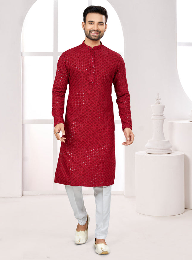 Maroon Lukhnowi Kurta Pyjama Set