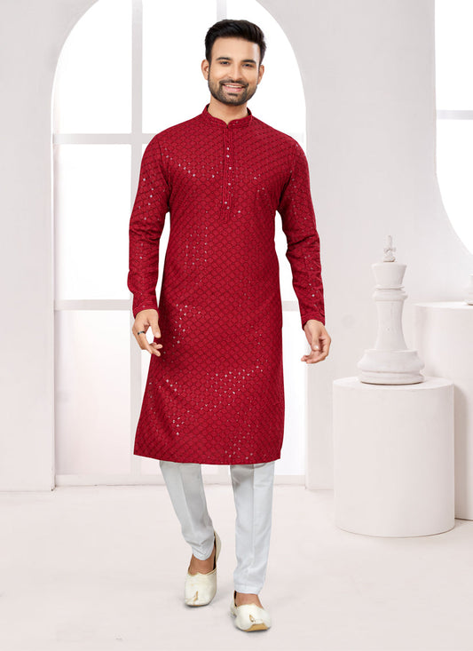 Maroon Lukhnowi Kurta Pyjama Set