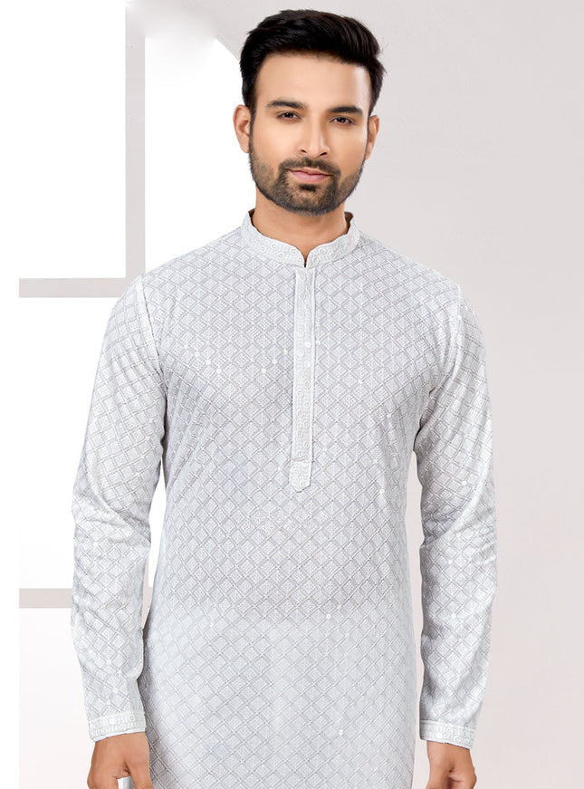 White Lukhnowi Kurta Pyjama Set