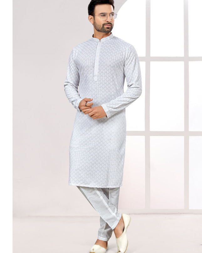 White Lukhnowi Kurta Pyjama Set
