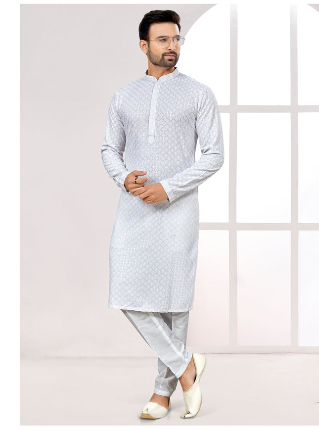 White Lukhnowi Kurta Pyjama Set