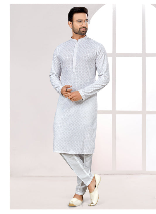 White Lukhnowi Kurta Pyjama Set